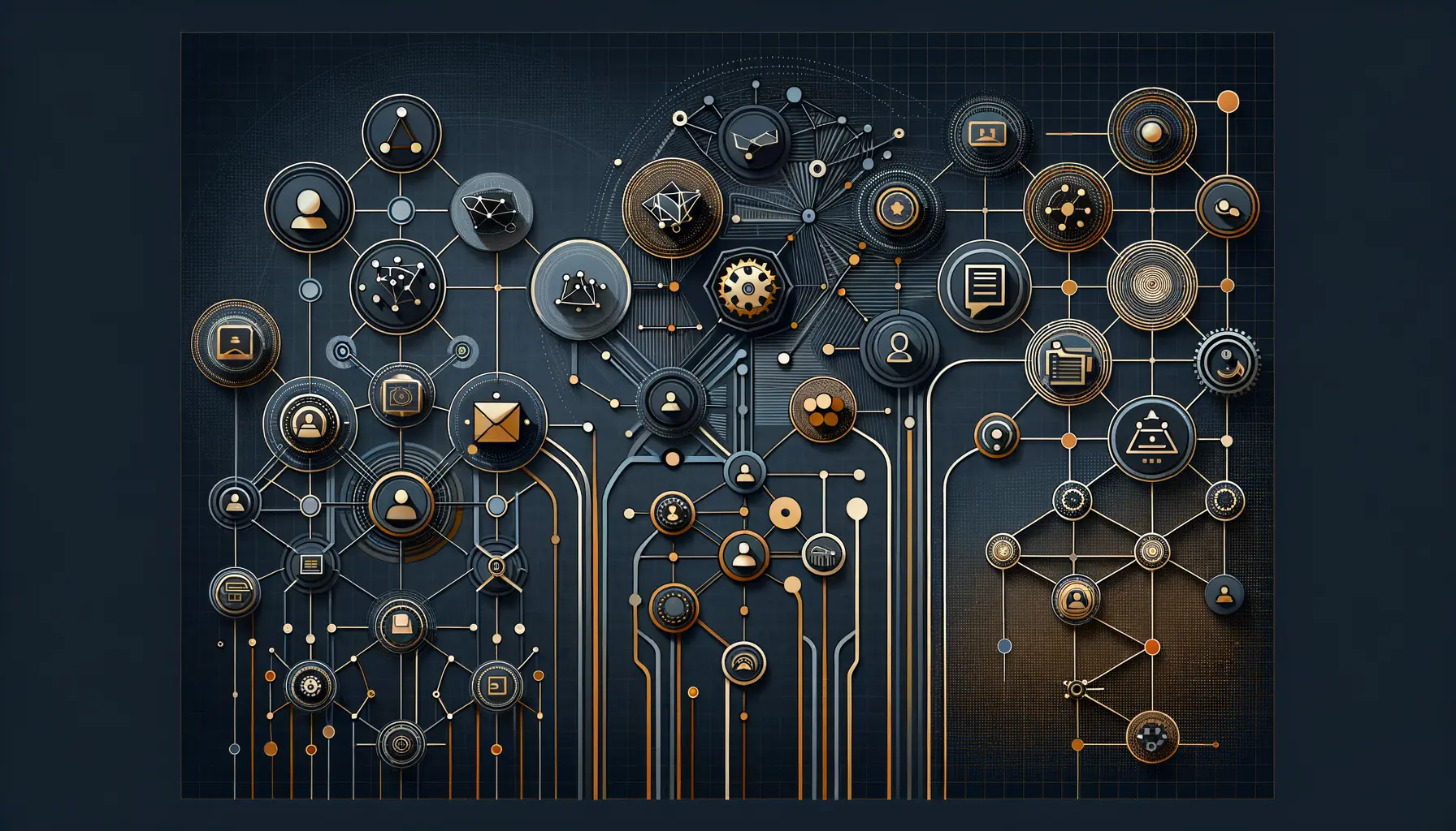 Automated workflow pipeline connecting marketing, sales, and support departments through AI